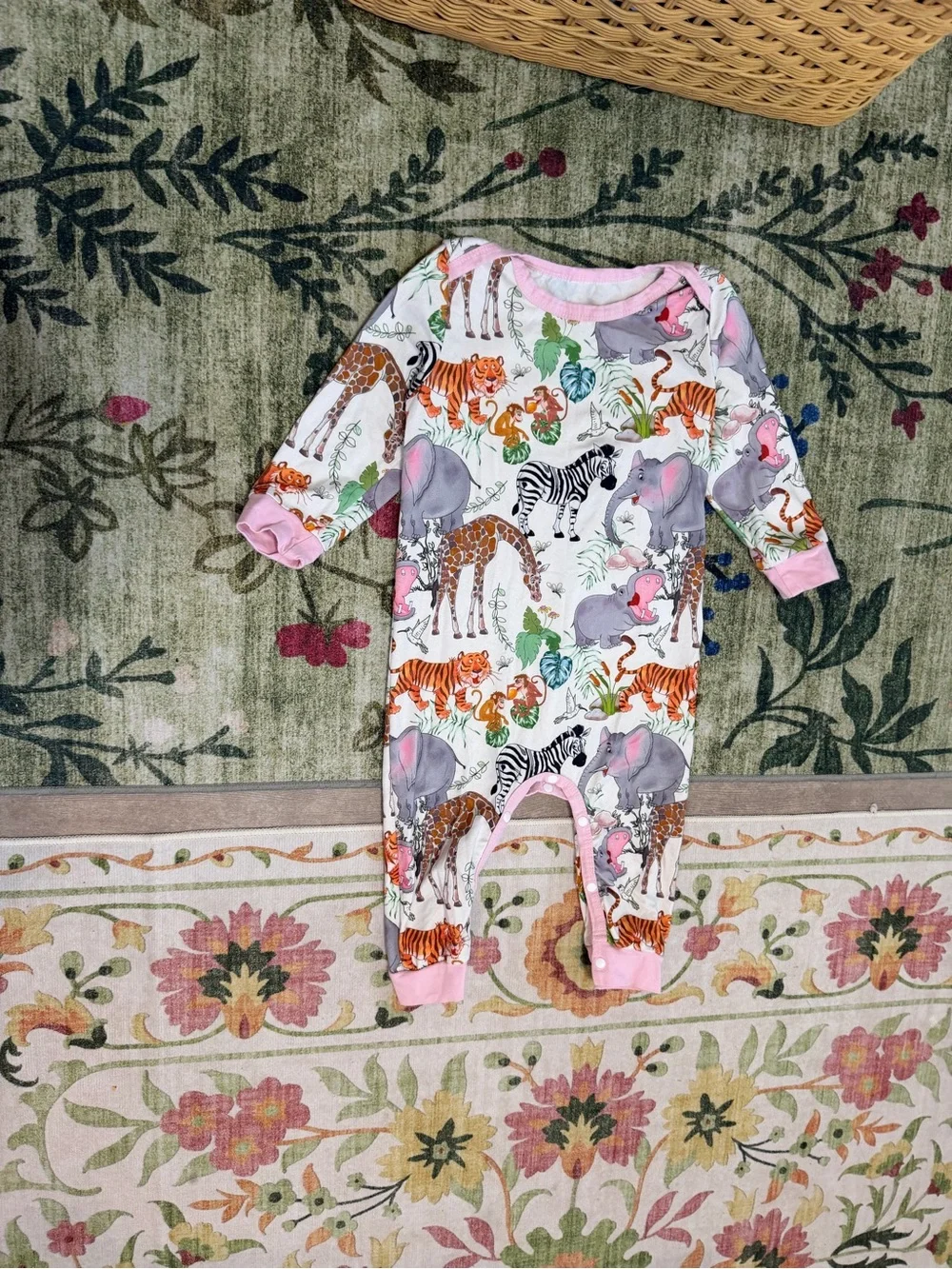 Pink-Trim Safari Animal Print Footie Pajamas for Kids